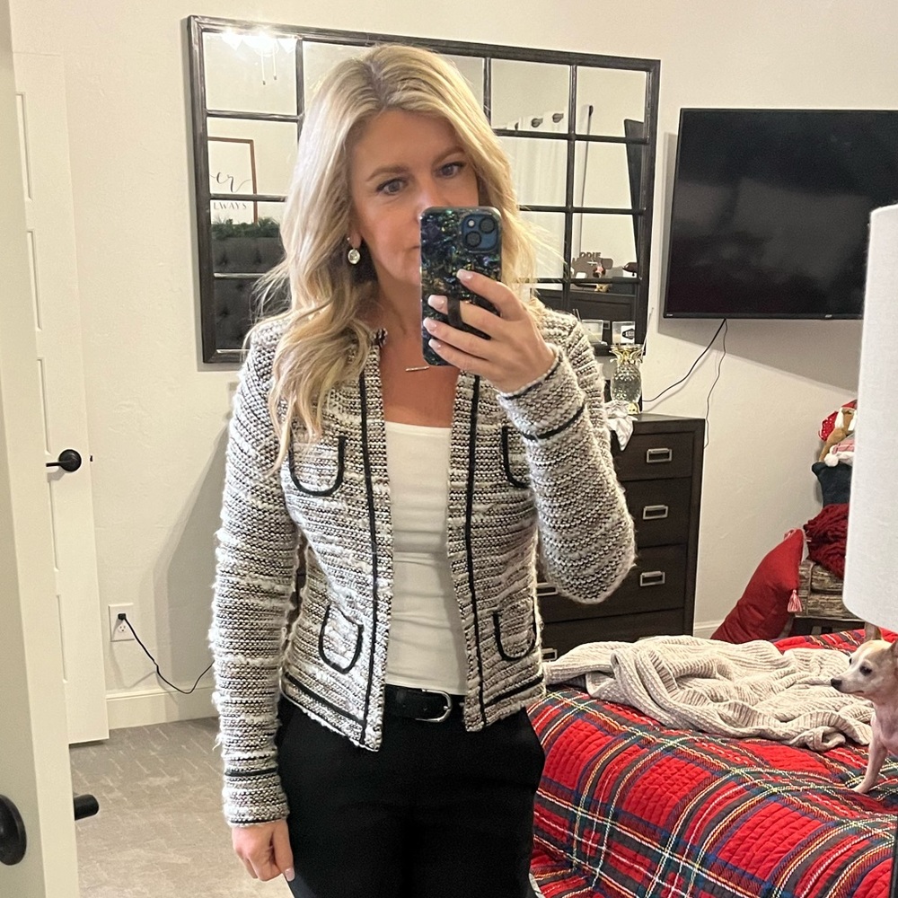 Loft Tipped Tweed Metallic Open Blazer Pocket XS